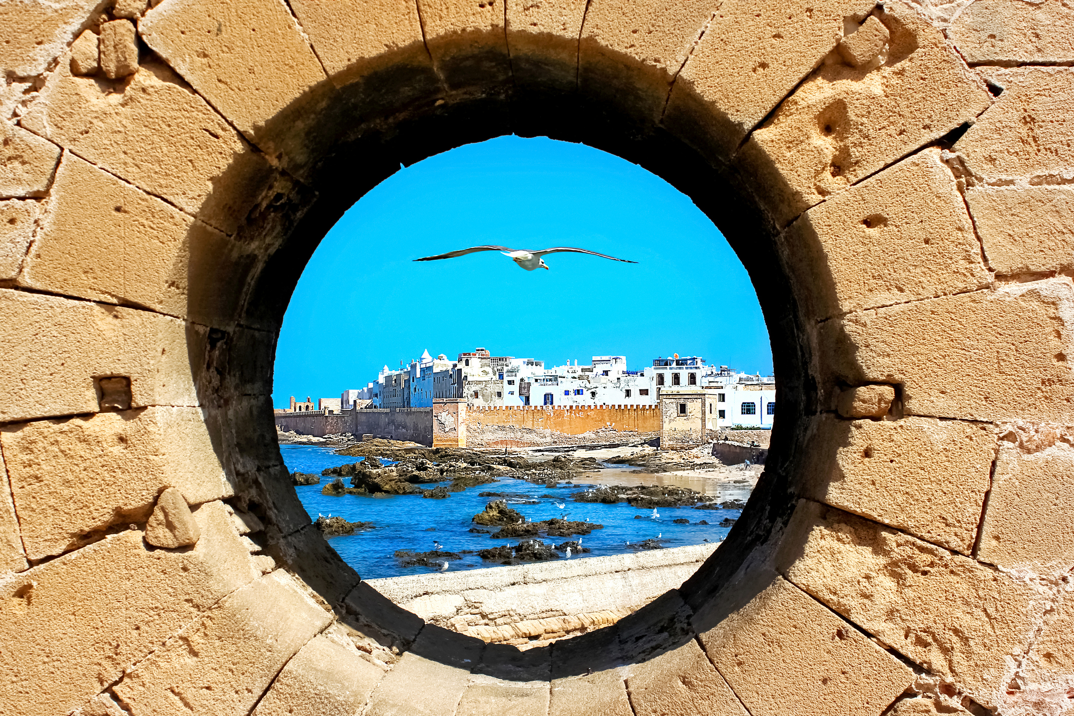 View of the old city through the fortress wall. Essaouira. Morocco.